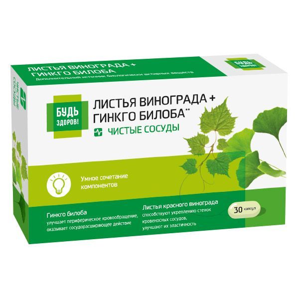 Изображение товара Красный виноград листья+Гинкго Билоба комплекс экстрактов Будь Здоров! капсулы 300мг 30шт