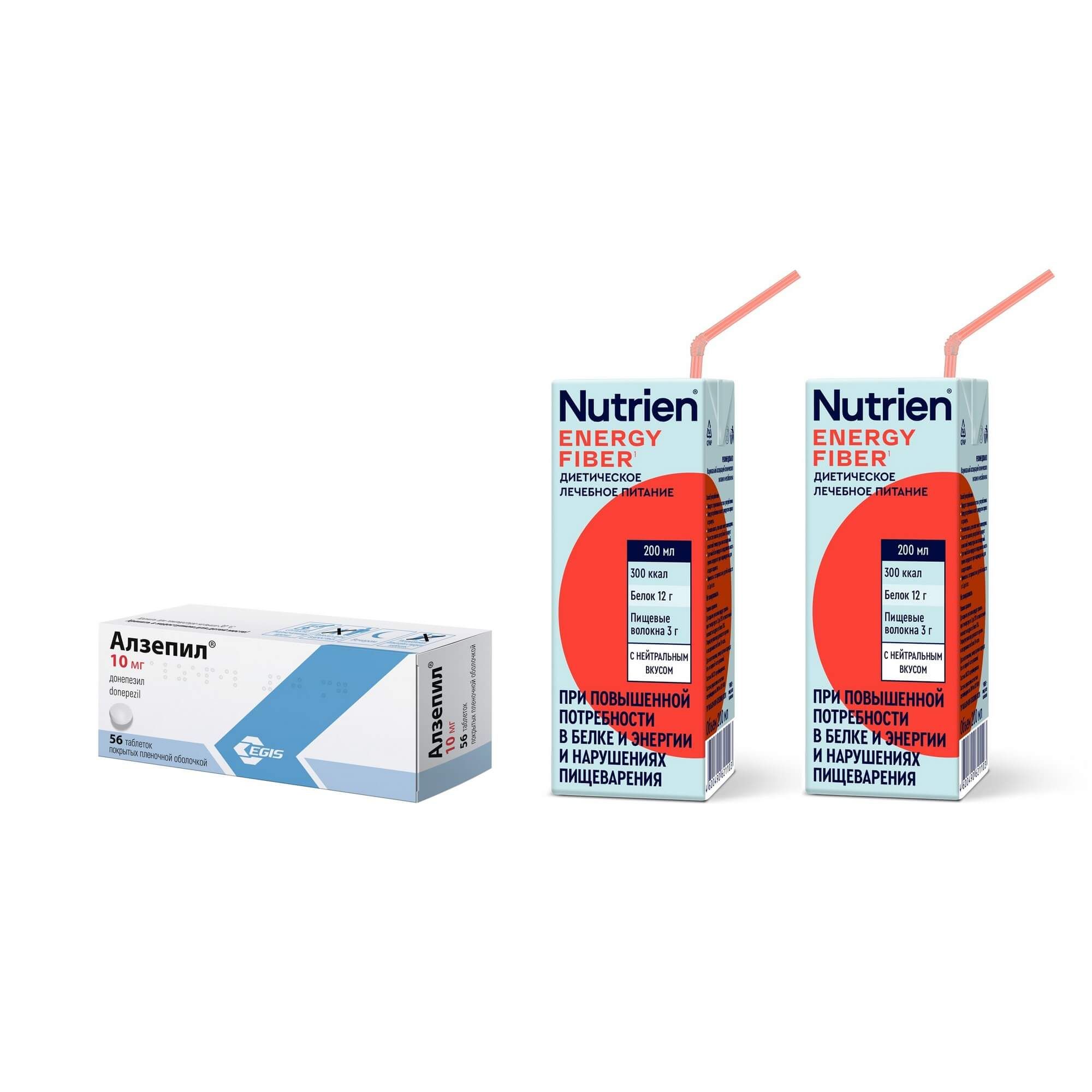 Изображение товара 2X Диетическое лечебное питание стерилизованное с пищевыми волокнами вкус нейтральный Energy Nutrien/Нутриэн пак. 200мл + 1X Алзепил таблетки п/о плен. 10мг 56шт