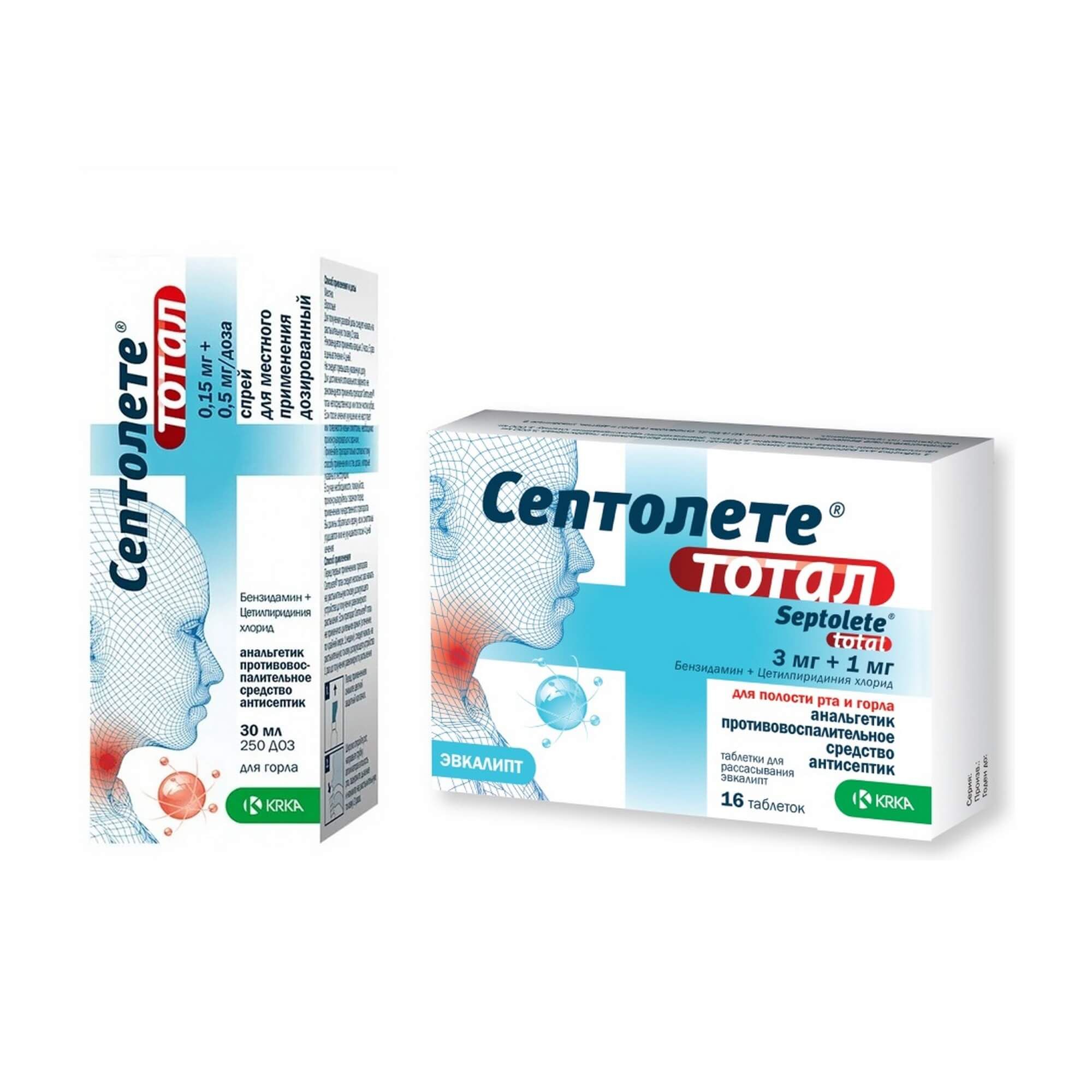 Изображение товара 1X Септолете Тотал вкус эвкалипта таблетки для рассасывания 3мг+ 1мг 16шт + 1X Септолете Тотал спрей для местного применения 0,15мг+0,5мг 30мл
