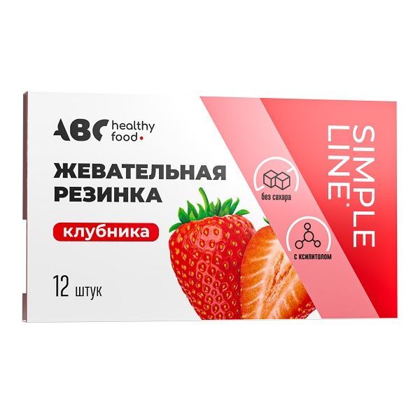 Изображение товара Резинка жевательная без сахара Клубника ABC Healthy Food 1,42 г 12 шт