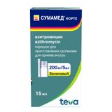 Сумамед Форте банановый с мерной ложкой и шприцем порошок для приг. суспензии для приема вн. фл. 200мг/5мл 16,74г 15мл Сумамед Форте банановый с мерной ложкой и шприцем порошок для приг. суспензии для приема вн. фл. 200мг/5мл 16,74г 15мл