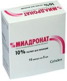 Милдронат раствор для парабульб. и в/в введ. амп. 10% 5мл 10шт Милдронат раствор для парабульб. и в/в введ. амп. 10% 5мл 10шт