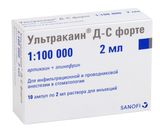 Ультракаин Д-С Форте с эпинефрином раствор для инъекций амп. 40мг+0,01мг/мл 2мл 10шт