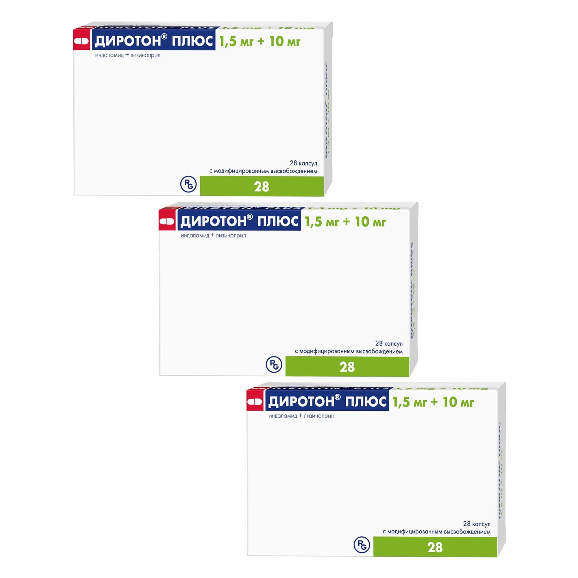 Изображение товара 3Х Диротон Плюс капсулы с модифицированным высвобождением 1,5 мг+10 мг 28 шт