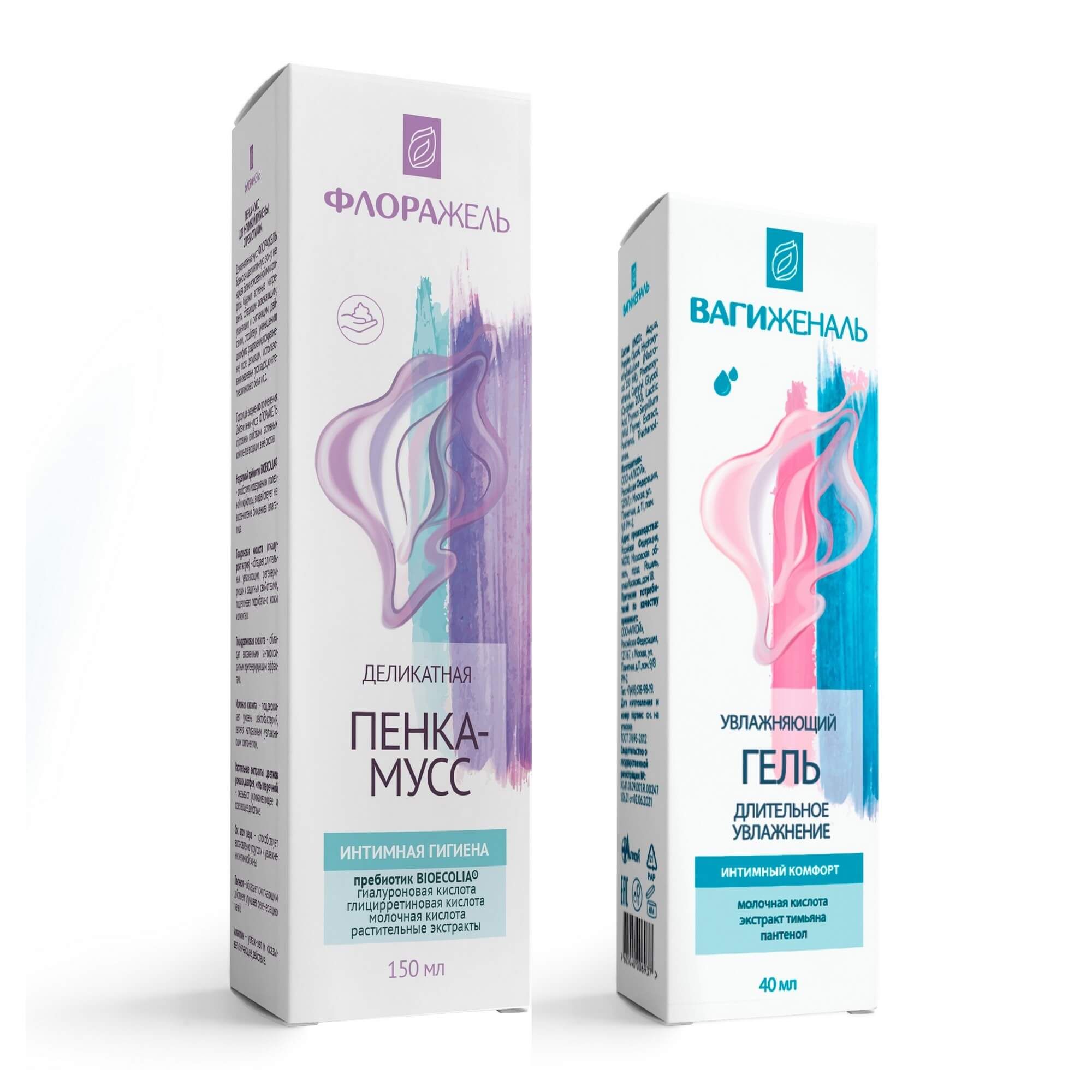 Изображение товара 1X Пенка-мусс для интимной гигиены с пребиотиком Флоражель фл. 150мл + 1X Гель для интимной гигиены увлажняющий Вагиженаль туба 40мл