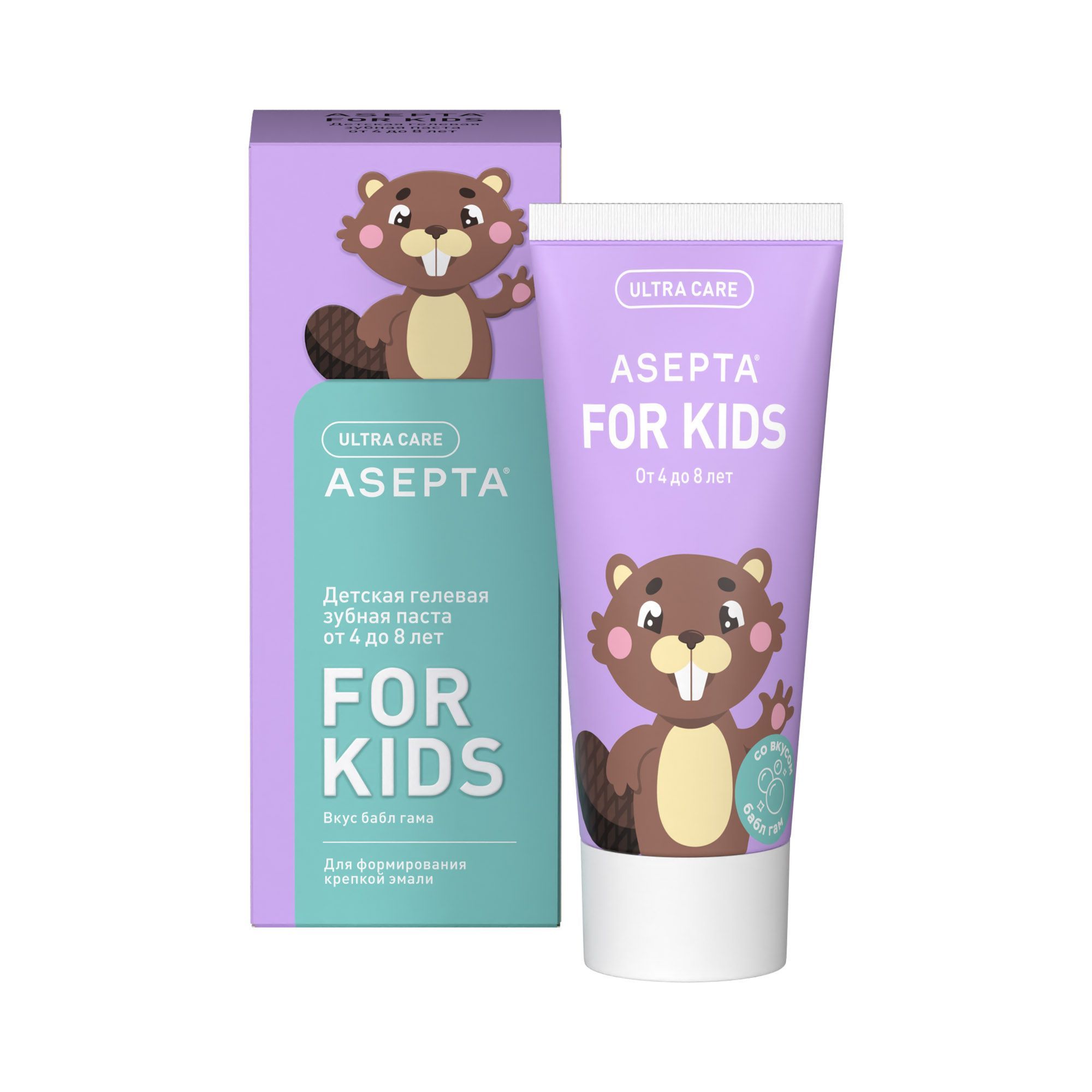 Изображение товара Паста зубная гелевая укрепление эмали вкус бабл гама для детей от 4 до 8 лет Kids Асепта 50мл