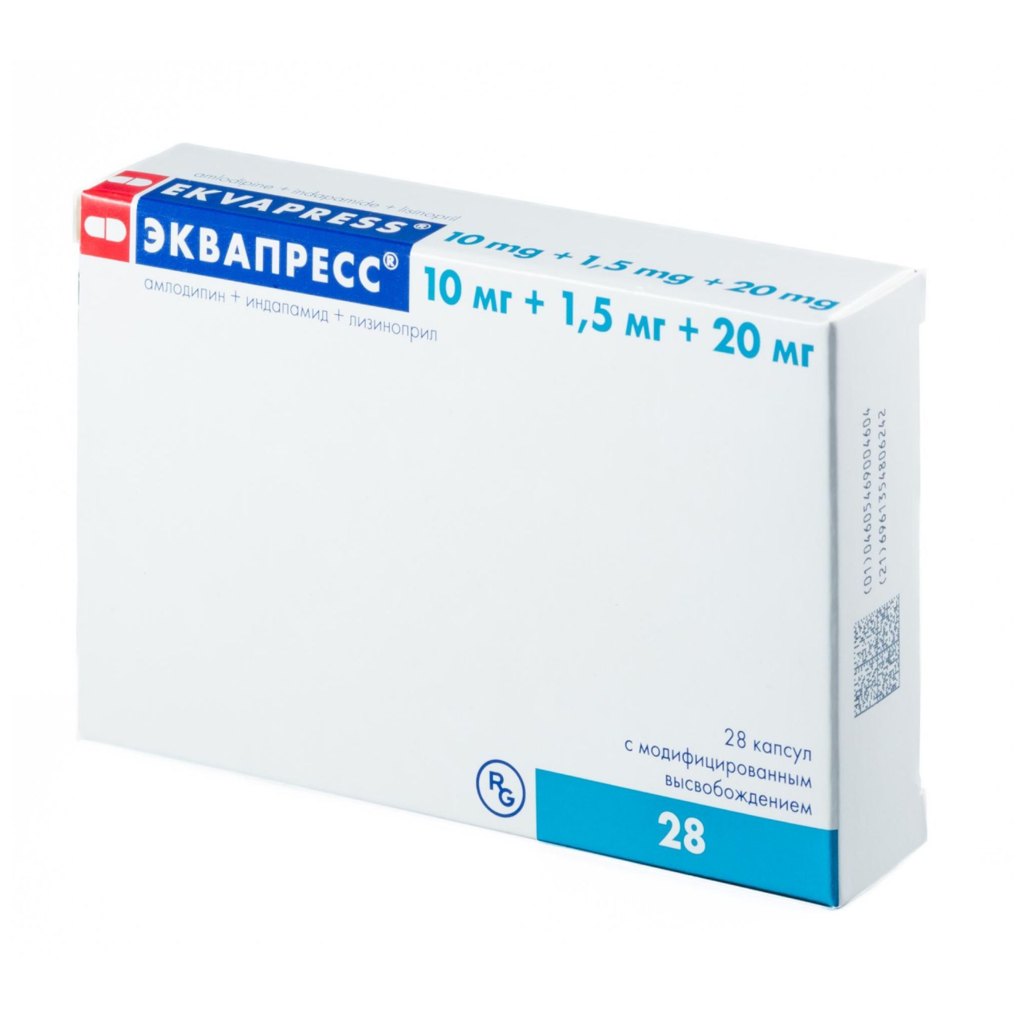 Изображение товара Эквапресс капсулы с модифицированным высвобождением 10мг+1, 5мг+20мг 28 шт - гипотензивное комбиниро