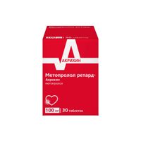Метопролол ретард-Акрихин таблетки пролонгированного действия п/о плен. 100мг 30шт