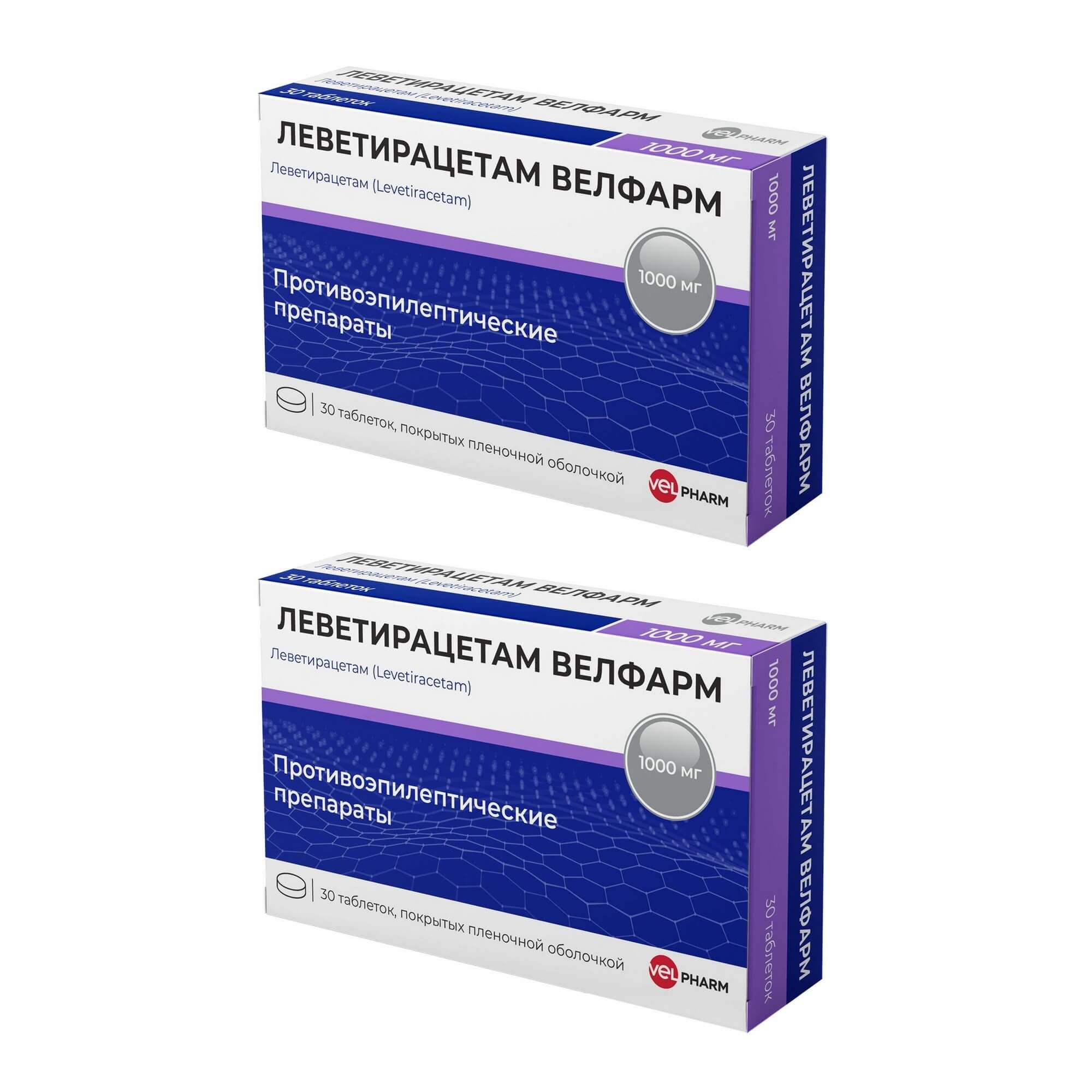 Изображение товара 2Х Леветирацетам Велфарм таблетки п/о плен. 1000мг 30шт