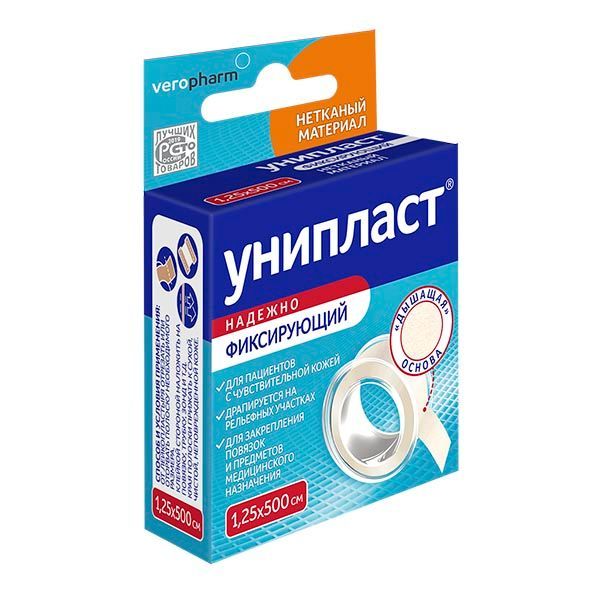 Изображение товара Фиксирующий лейкопластырь Унипласт 1,25x500см для фиксации повязок и медицинских трубок