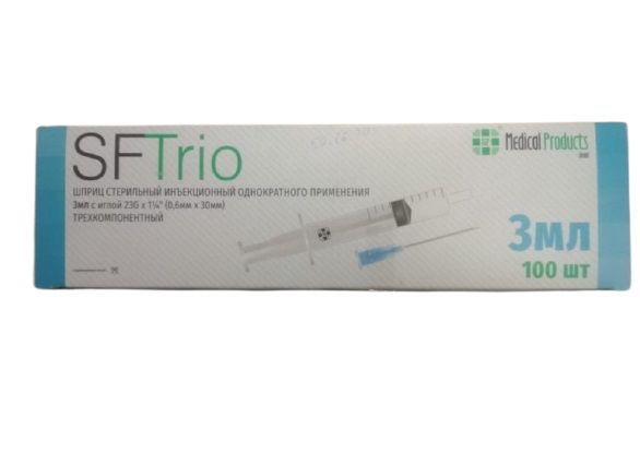 Изображение товара Шприц 3-х компонентный с иглой 23G SF Medical 0,6х30мм 3мл 100шт Изображение товара Шприц 3-х компонентный с иглой 23G SF Medical 0,6х30мм 3мл 100шт