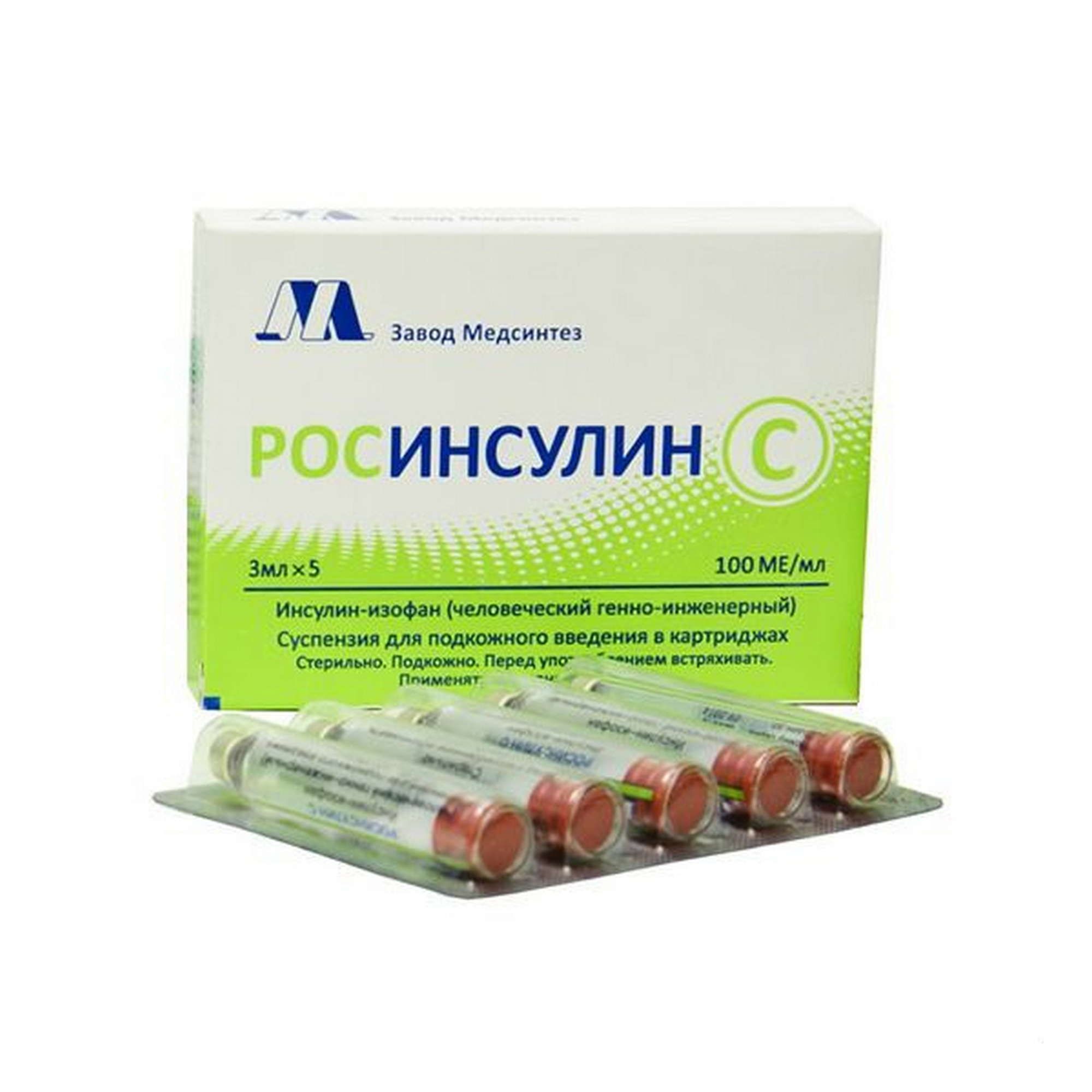 Изображение товара Росинсулин С Медсинтез суспензия для п/к введ. картридж 100МЕ/мл 3мл 5шт