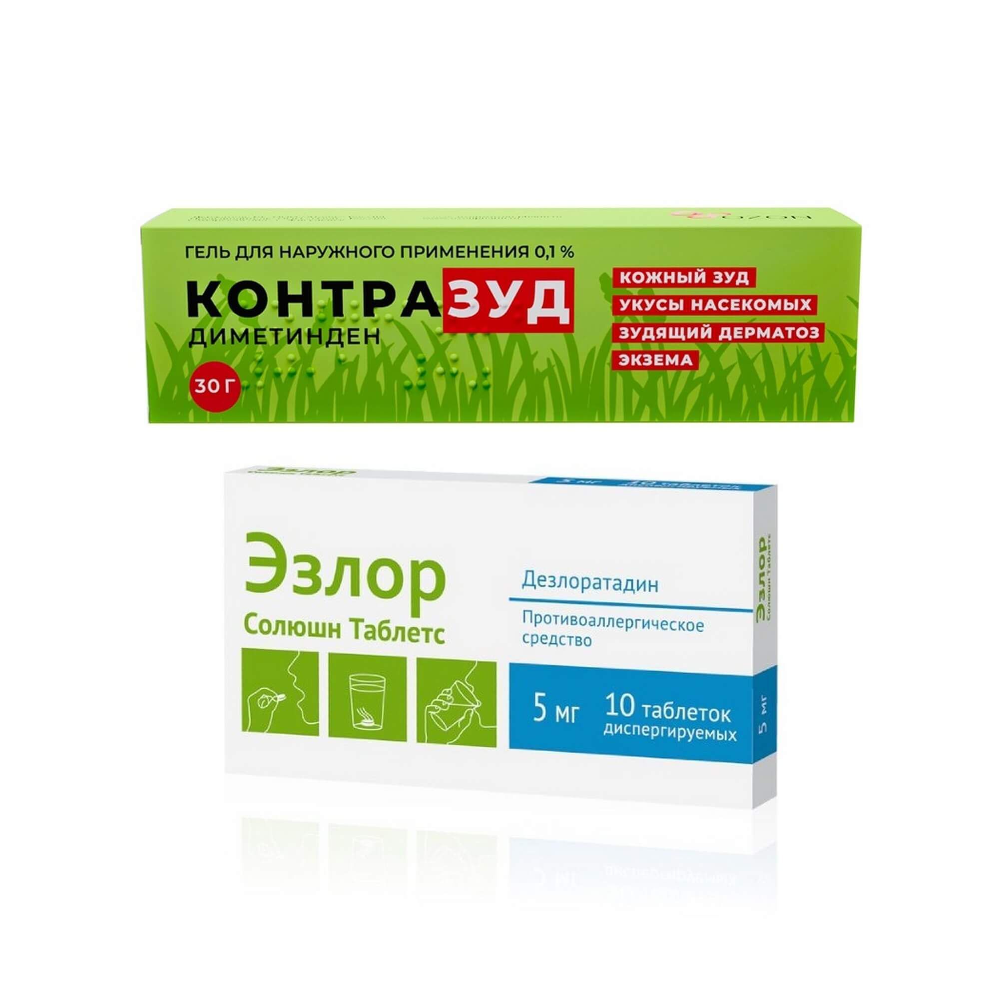 Изображение товара Гель 1X Контразуд 0,1% 30г и таблетки Эзлор 5мг диспергируемые 10 шт
