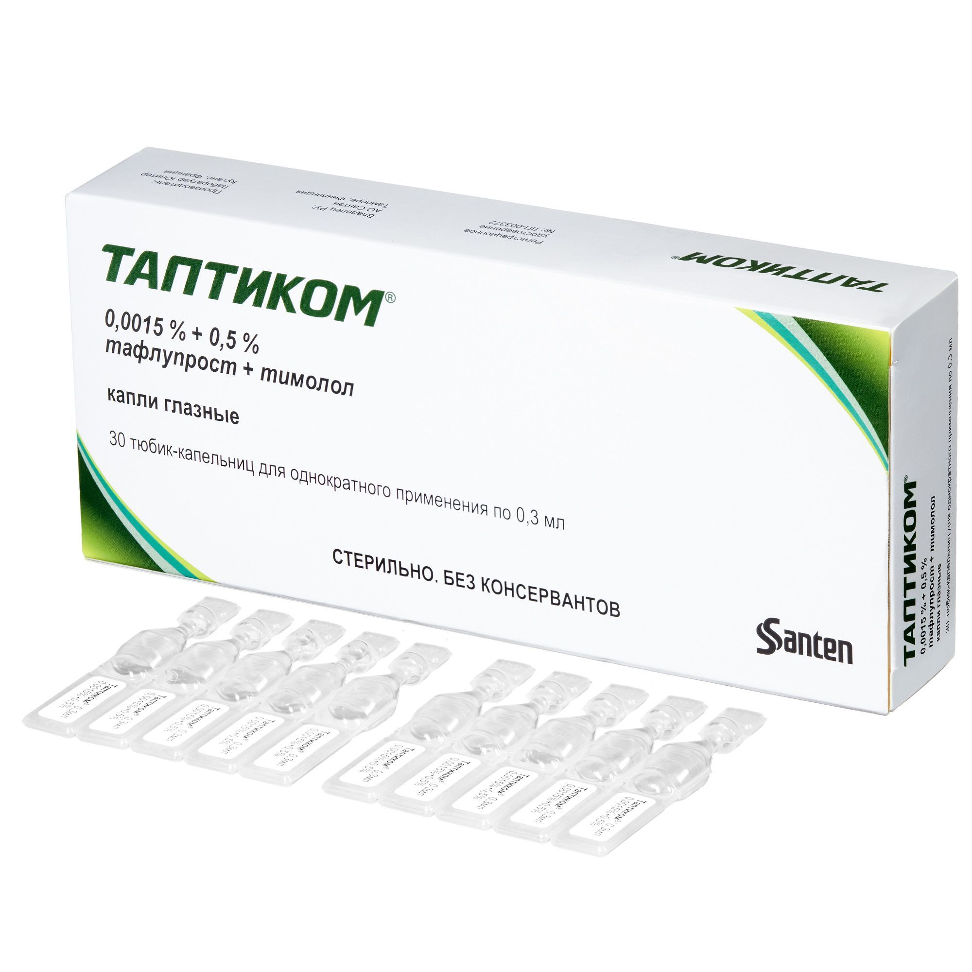 Изображение товара Таптиком капли глазные 0,0015%+0,5% 0,3мл 30шт - эффективное средство против глаукомы