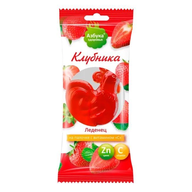 Изображение товара Петушок леденцовая карамель с цинком и витамином С вкус клубники с 3 лет Азбука здоровья 17г