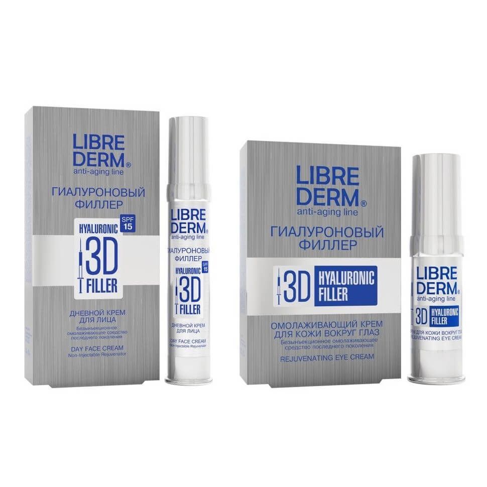 Изображение товара Крем дневной Гиалуроновый филлер 3D Librederm/Либридерм 30мл SPF15 + Крем омолаживающий для кожи вокруг глаз Гиалуроновый филлер 3D Librederm/Либридерм 15мл