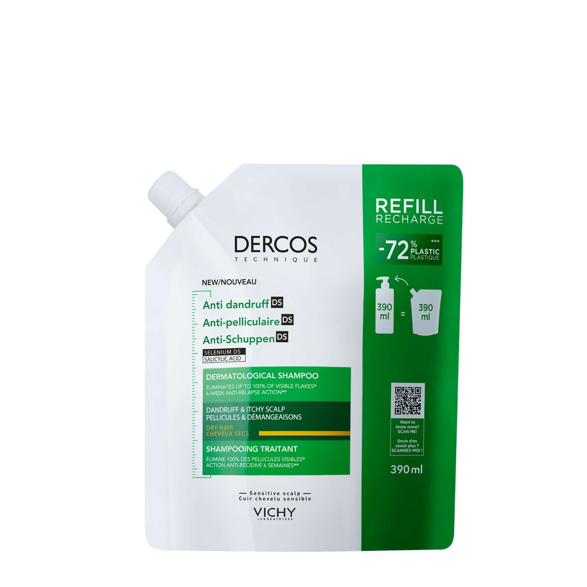 Изображение товара Шампунь-уход для сухих волос против перхоти интенсивный Dercos Technique Vichy/Виши сменный блок 390мл