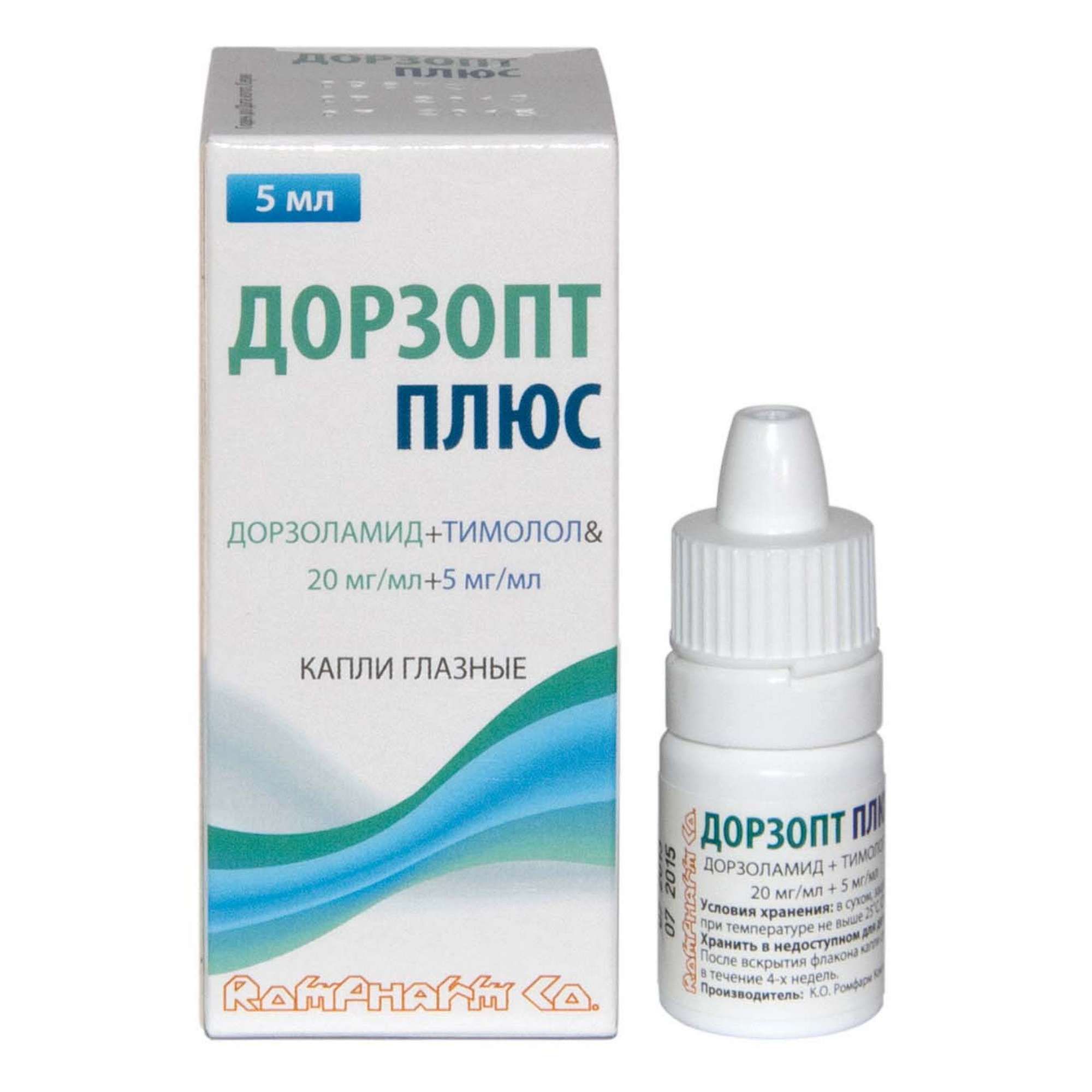 Изображение товара Глазные капли Дорзопт Плюс 20мг/мл + 5мг/мл 5мл противоглаукомные
