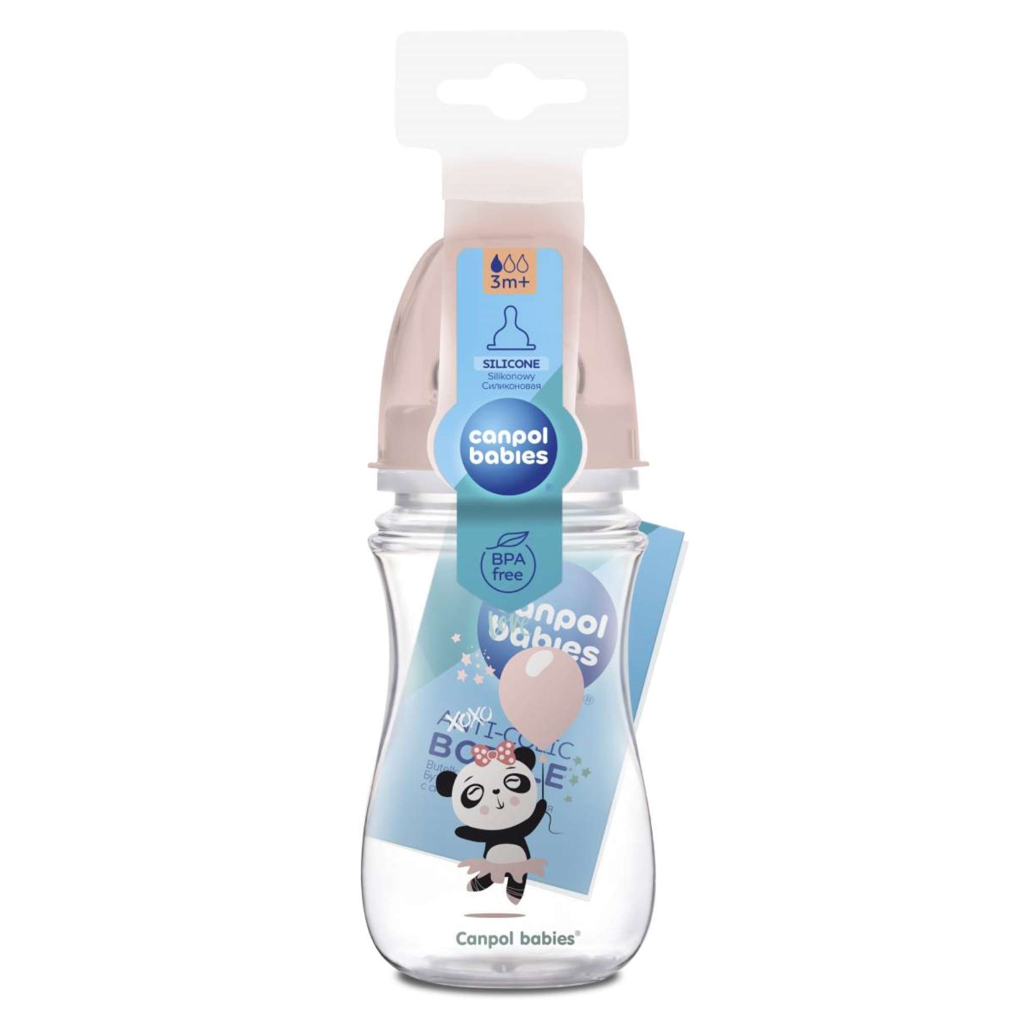 Изображение товара Бутылочка антиколиковая с широким горлом с силиконовой соской розовая с 3 мес. Exotic Animals Babies Canpol/Канпол 240мл