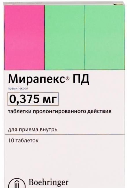 Изображение товара Мирапекс ПД таблетки пролонгированного действия 0,375 мг, 10 шт Изображение товара Мирапекс ПД таблетки пролонгированного действия 0,375 мг, 10 шт