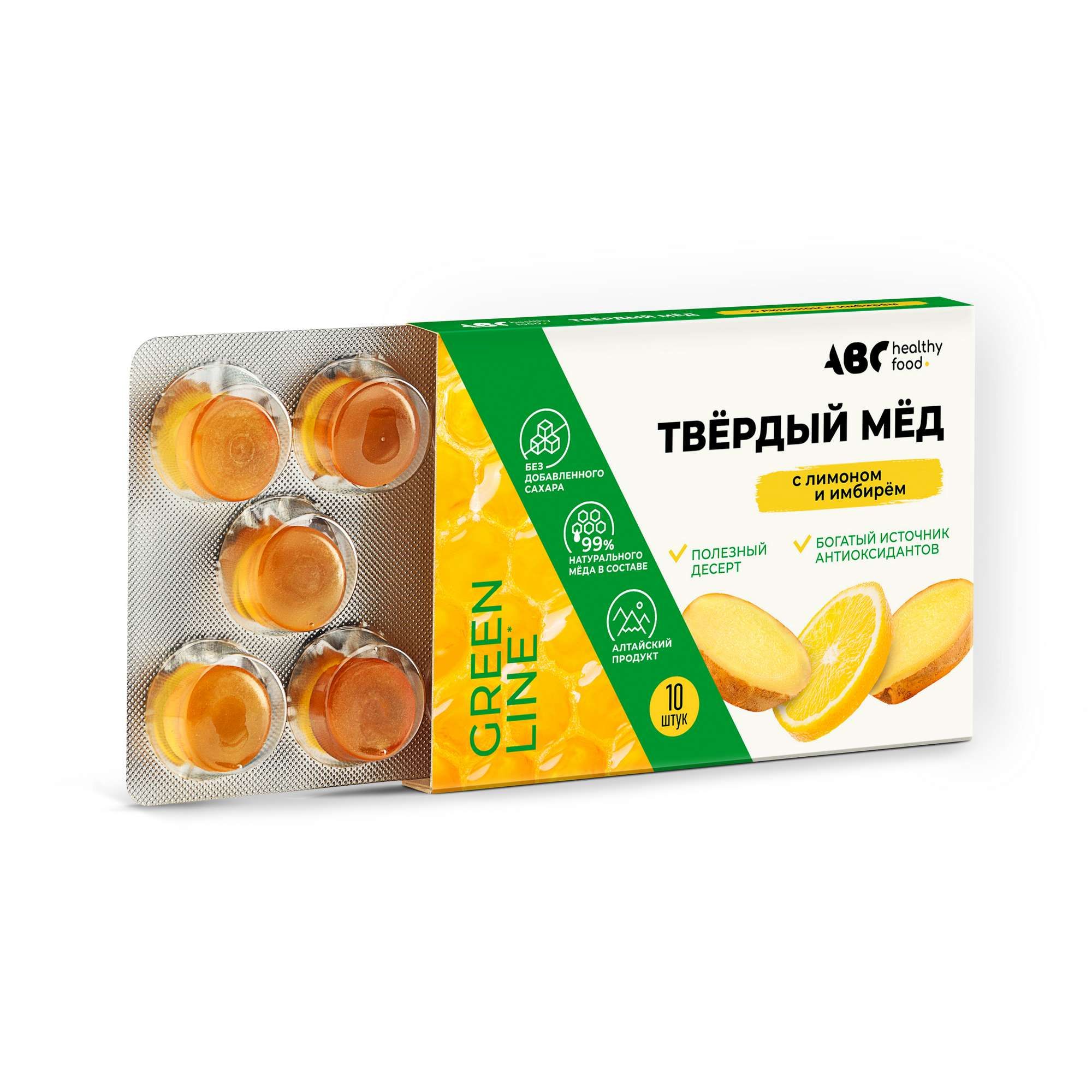 Изображение товара Мед твердый с лимоном и имбирем без сахара ABC Healthy Food 3г 10шт Изображение товара Мед твердый с лимоном и имбирем без сахара ABC Healthy Food 3г 10шт