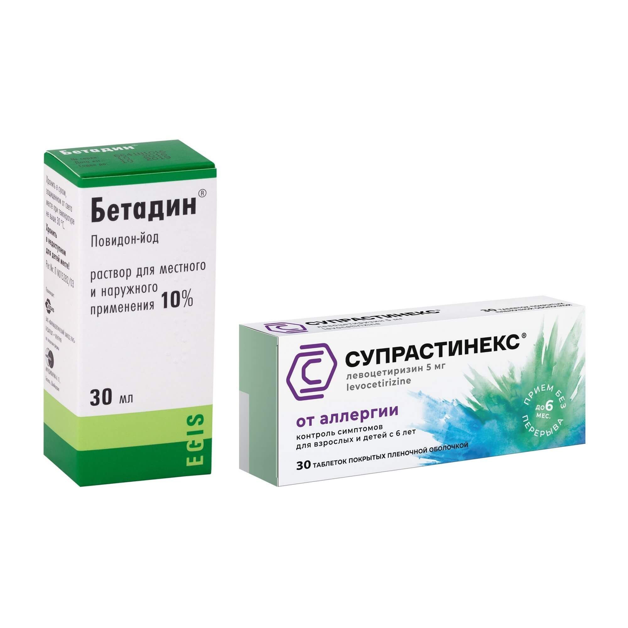 Изображение товара 1X Бетадин раствор для местного и наружного применения 10% 30мл + 1X Супрастинекс таблетки п/о плен. 5мг 30шт Изображение товара 1X Бетадин раствор для местного и наружного применения 10% 30мл + 1X Супрастинекс таблетки п/о плен. 5мг 30шт