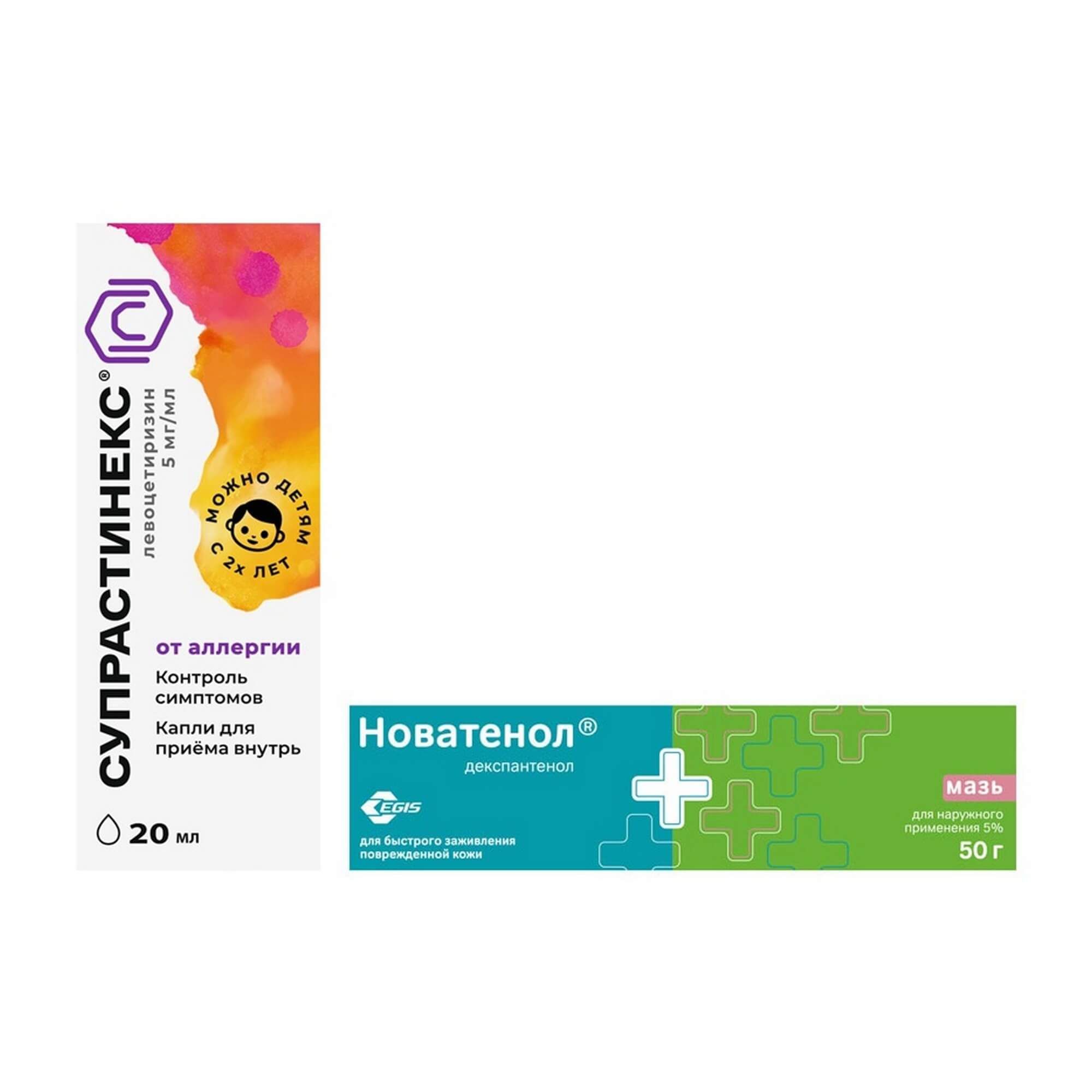 Изображение товара 1X Новатенол мазь для наружного применения 5% 50г + 1X Супрастинекс капли для приема внутрь 5мг/мл 20мл