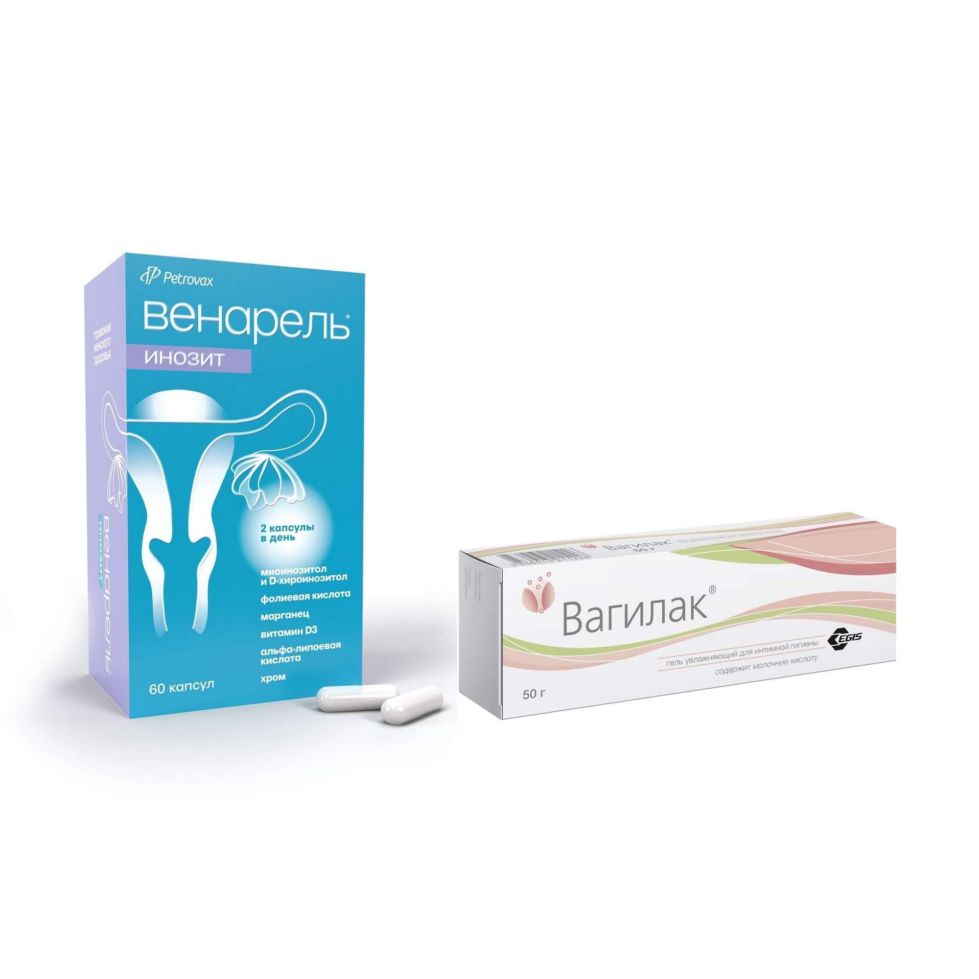 Изображение товара 1X Гель Вагилак увлажняющий для интимной гигиены 50 г + 1X Инозит Венарель капсулы 759мг 60шт