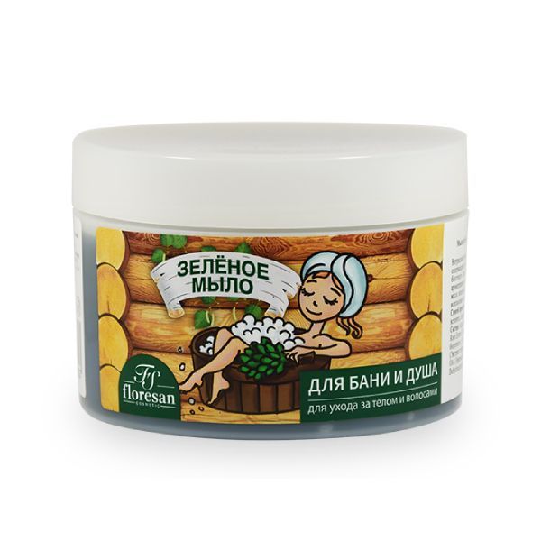 Изображение товара Мыло для бани и душа для ухода за телом и волосами натуральное зеленое таежное Floresan/Флоресан банка 450мл