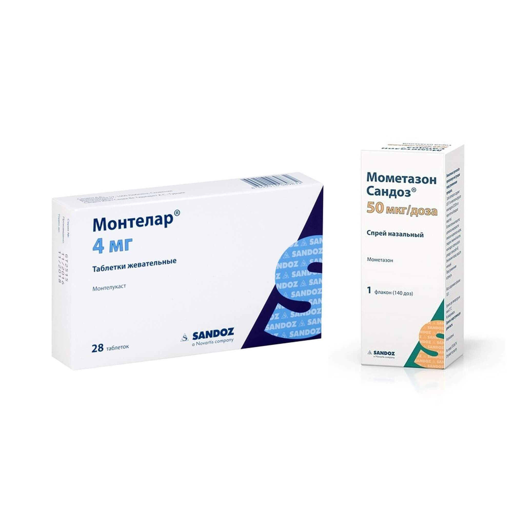 Изображение товара 1X Мометазон Сандоз спрей назальный 50мкг/доза 18г 140доз + 1X Монтелар таблетки жевательные 4мг 28шт