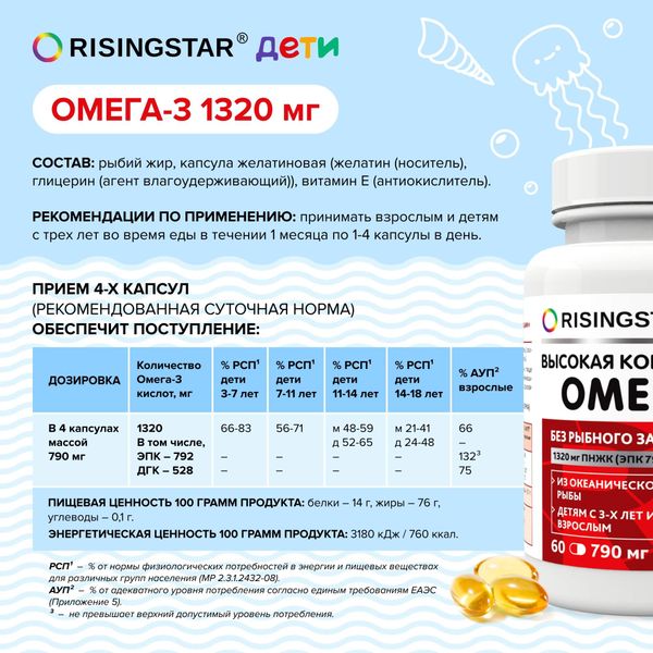 Омега-3 высокой концентрации для взрослых и детей с 3 лет Risingstar капсулы 790мг 60шт фото №3