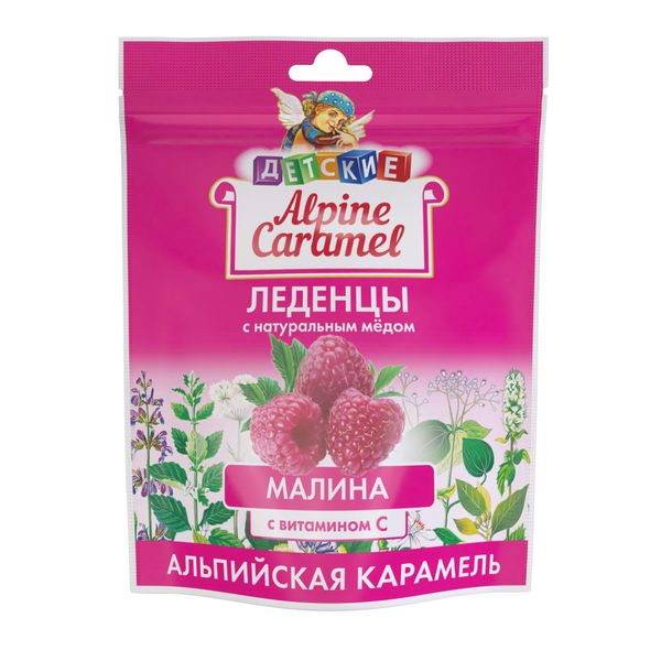 Альпийская карамель детская с натуральным медом и витамином С вскус малины Alpine Caramel леденцы пак. 75г