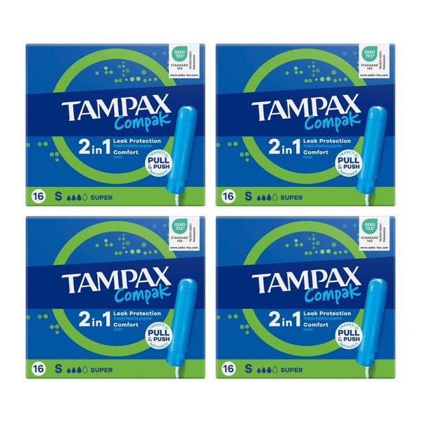 4Х Тампоны с аппликатором TAMPAX (Тампакс) Compak Super, 16 шт. 4Х Тампоны с аппликатором TAMPAX (Тампакс) Compak Super, 16 шт.