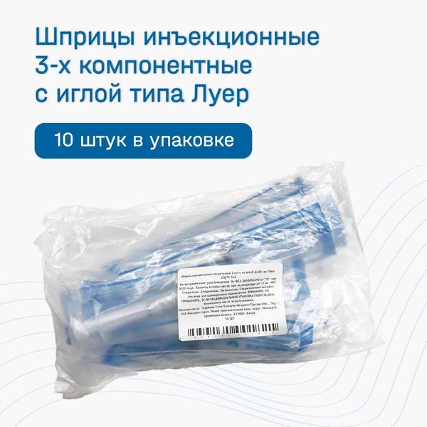 Шприц 3-х компонентный с иглой 23Gx1 1/4 0,6х30мм 2мл 10шт фото №3