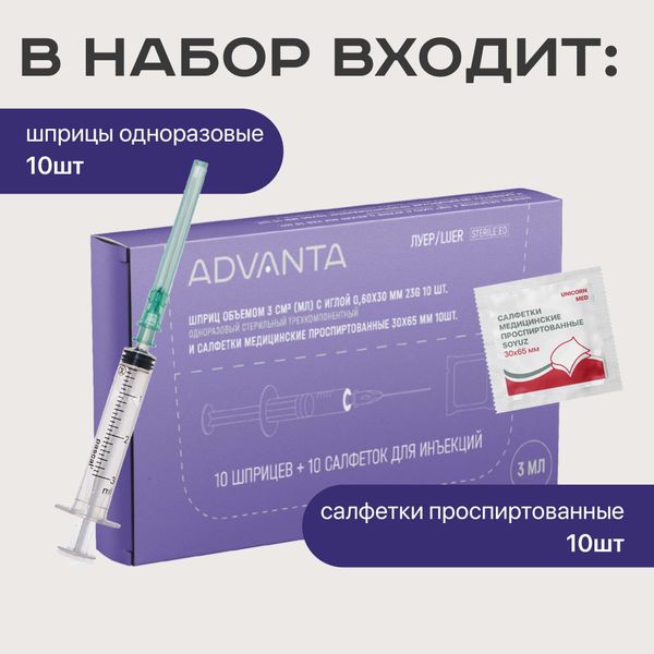 Шприц 3-х компонентный с иглой 23Gx1 1/4 0,6х30мм 3мл 10шт+Салфетки спиртовые 10шт фото №2