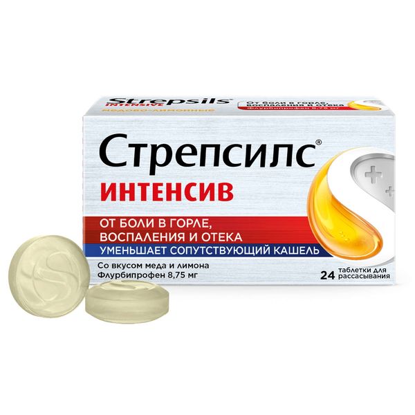 Стрепсилс Интенсив вкус меда и лимона таблетки для рассасывания 24шт Стрепсилс Интенсив вкус меда и лимона таблетки для рассасывания 24шт