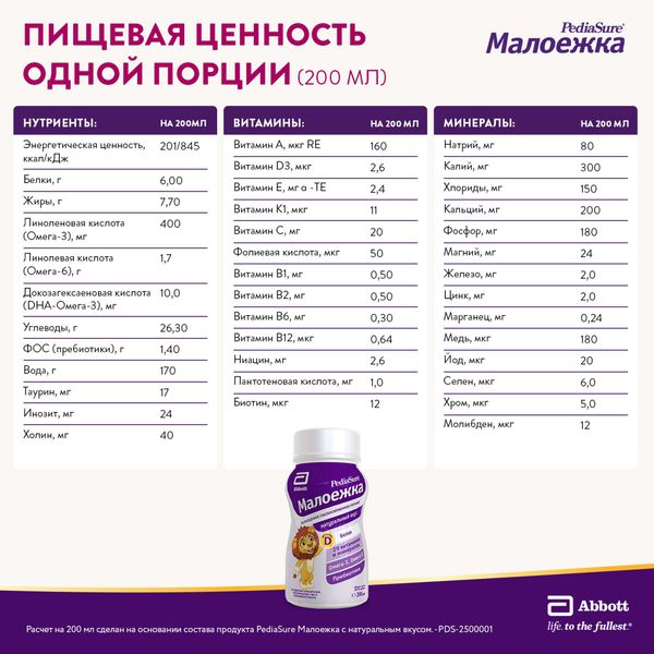 Смесь жидкая для детского питания вкус натуральный от 1 до 10 лет Малоежка PediaSure/ПедиаШур бут. 200мл фото №7 Смесь жидкая для детского питания вкус натуральный от 1 до 10 лет Малоежка PediaSure/ПедиаШур бут. 200мл фото №7