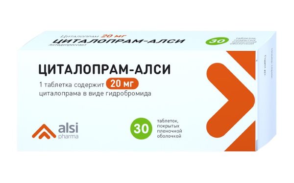 Циталопрам-Алси таблетки п/о плен. 20мг 30шт Циталопрам-Алси таблетки п/о плен. 20мг 30шт