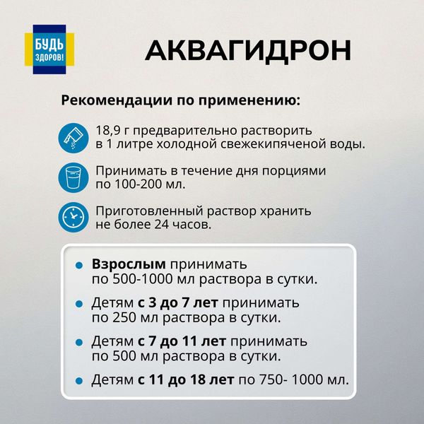 Аквагидрон Будь Здоров! порошок для приг. раствора для приема вн. 18,9г 20шт фото №3 Аквагидрон Будь Здоров! порошок для приг. раствора для приема вн. 18,9г 20шт фото №3