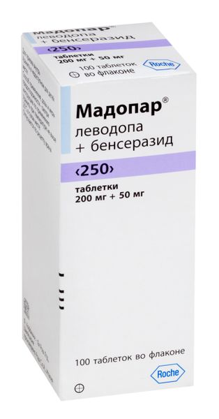 Мадопар 250 таблетки 200мг+50мг 100шт (флаконы темного стекла)