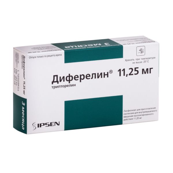 Диферелин+р-ль лиофилизат пригот. сусп. в/м и п/к введ. пролонг. действ. 11,25мг