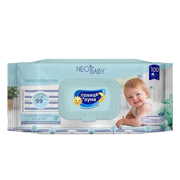 Салфетки влажные детские big-pack с крышкой Neo baby Солнце и луна eco 100шт