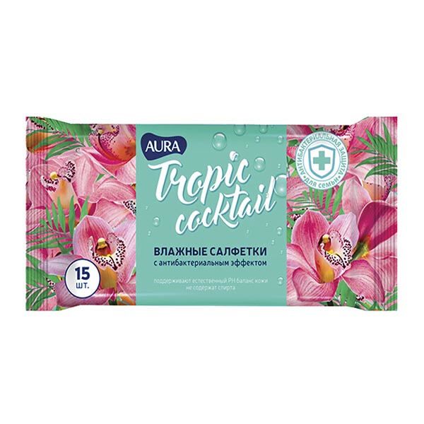 Салфетки влажные освежающие pocket-pack Tropic cocktail Aura/Аура 15шт