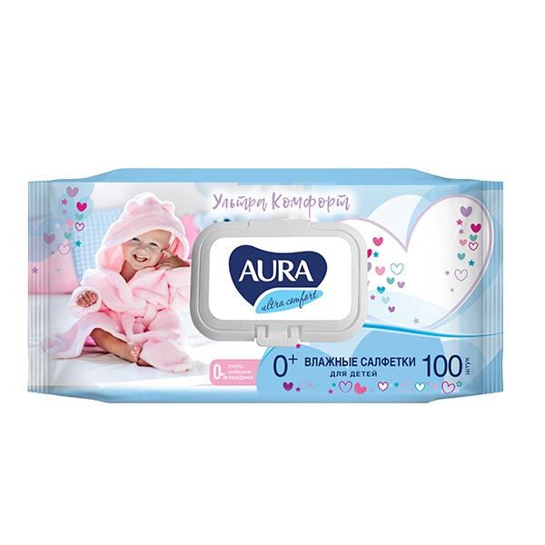 Салфетки влажные детские с экстрактом алоэ и витамином Е big-pack с крышкой Aura/Аура 100шт