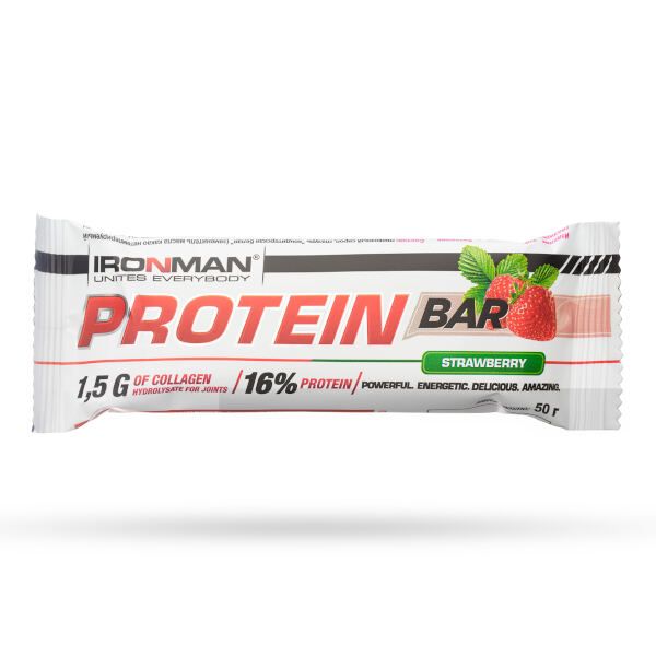 Батончик протеиновый с коллагеном клубника в белой глазури Protein Bar Ironman 50г 12шт фото №2