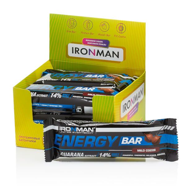 Батончик c гуараной кокос в темной глазури Energy Bar Ironman 50г 12шт фото №2