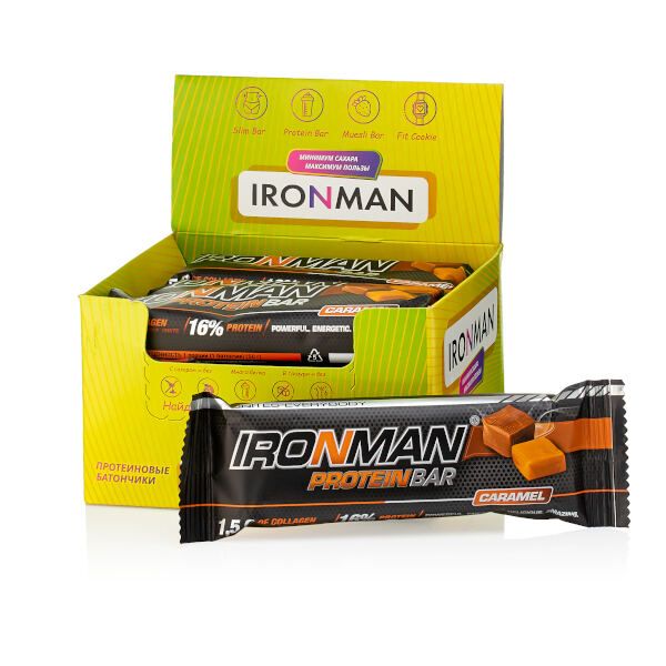 Батончик протеиновый с коллагеном карамель в темной глазури Protein Bar Ironman 50г 12шт фото №2