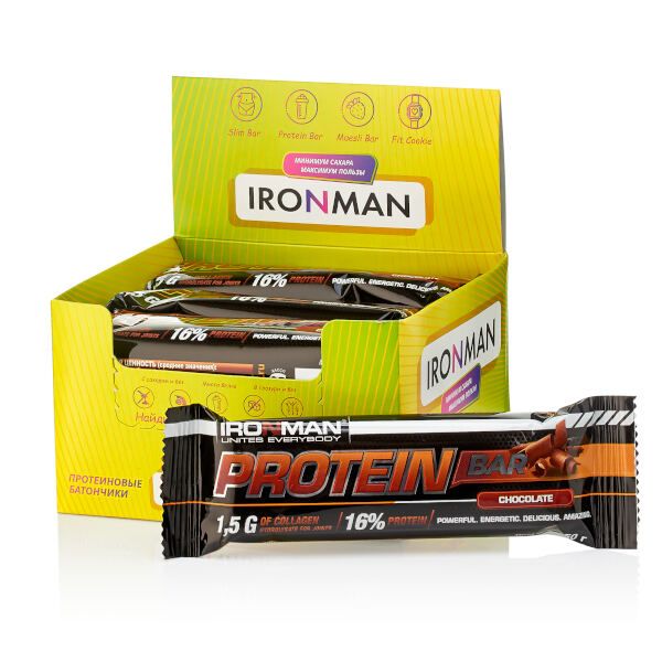 Батончик протеиновый с коллагеном шоколад в темной глазури Protein Bar Ironman 50г 12шт