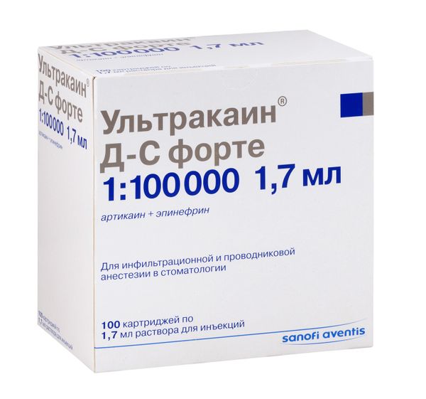 Ультракаин Д-С Форте с эпинефрином раствор для инъекций картридж 40мг+0,01мг/мл 1,7мл 100шт