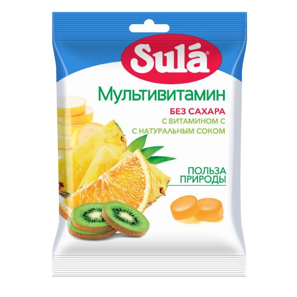 Леденцы фруктовые с витамином С мультивитамин без сахара Sula/Сула 60г